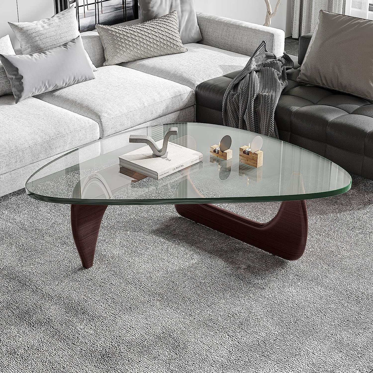 Triangle Glass Coffee Table with clear tempered glass top and dark wood curved base, mid-century modern style centerpiece