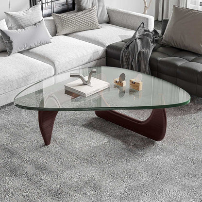 Triangle Glass Coffee Table with clear tempered glass top and dark wood curved base, mid-century modern style centerpiece