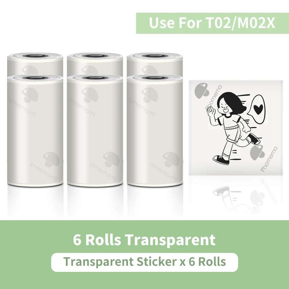 Transparent self-adhesive sticker rolls compatible with Portable Printer T02/M02X, six rolls with cartoon print sample.