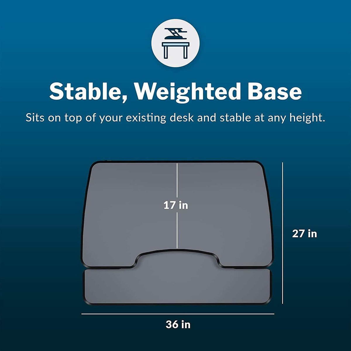 Two-Tier Standing Desk converter in black with ergonomic two-level design, weighty base, and dimensions 36" wide by 27" deep.