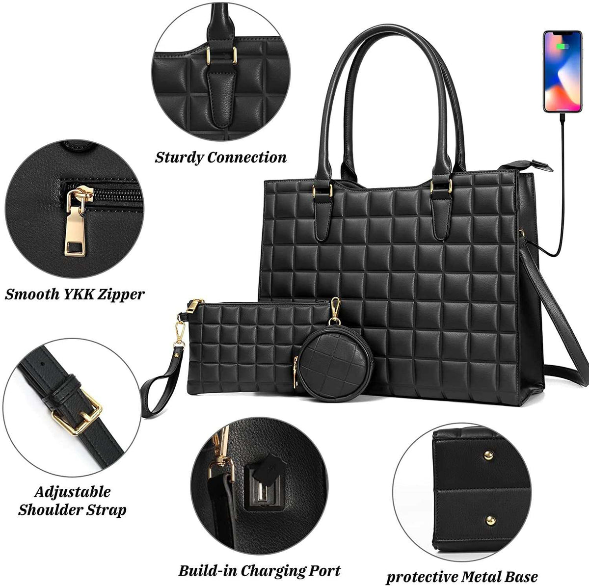 Laptop Tote Bag for Women in black waterproof PU leather with quilted pattern, smooth YKK zipper, adjustable strap, and built-in USB charging port set with matching pouch and coin purse.