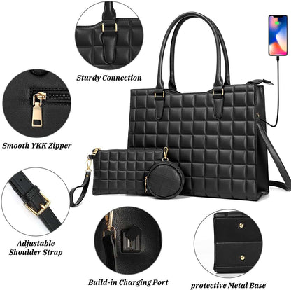 Laptop Tote Bag for Women in black waterproof PU leather with quilted pattern, smooth YKK zipper, adjustable strap, and built-in USB charging port set with matching pouch and coin purse.