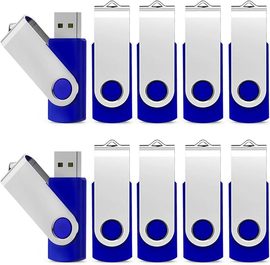 Set of ten blue and silver swivel USB flash drives with metal clips, compact and portable 64GB USB 2.0 Flash Drive design.