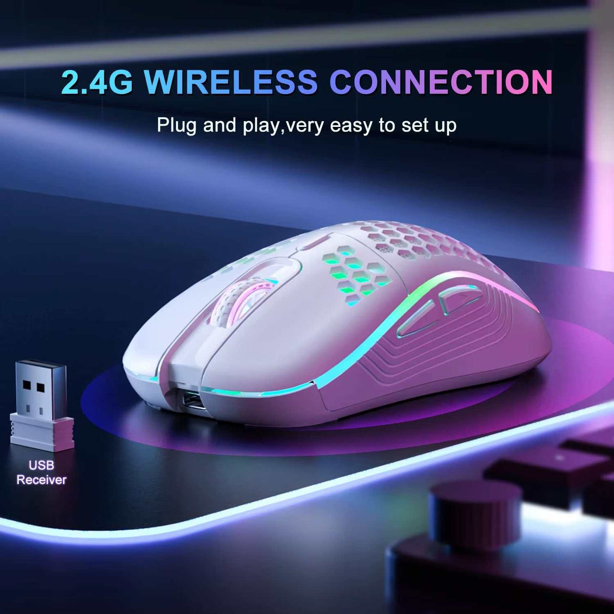 Wireless Gaming Mouse in white with honeycomb shell design, RGB backlit accents, ergonomic shape, and USB receiver included.