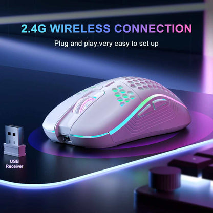 Wireless Gaming Mouse in white with honeycomb shell design, RGB backlit accents, ergonomic shape, and USB receiver included.