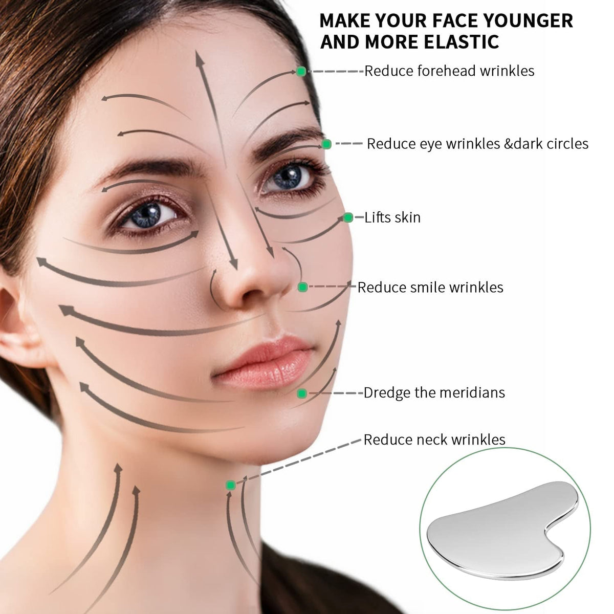 Diagram showing facial massage directions on a woman's face with arrows indicating lifting and wrinkle reduction, alongside a small stainless steel Gua Sha Facial Tools piece.