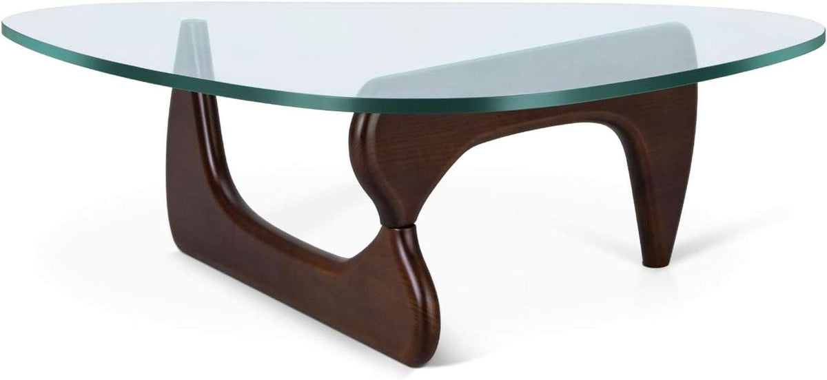 Triangle Glass Coffee Table with clear tempered glass top and curved dark walnut solid wood base in mid-century modern style.