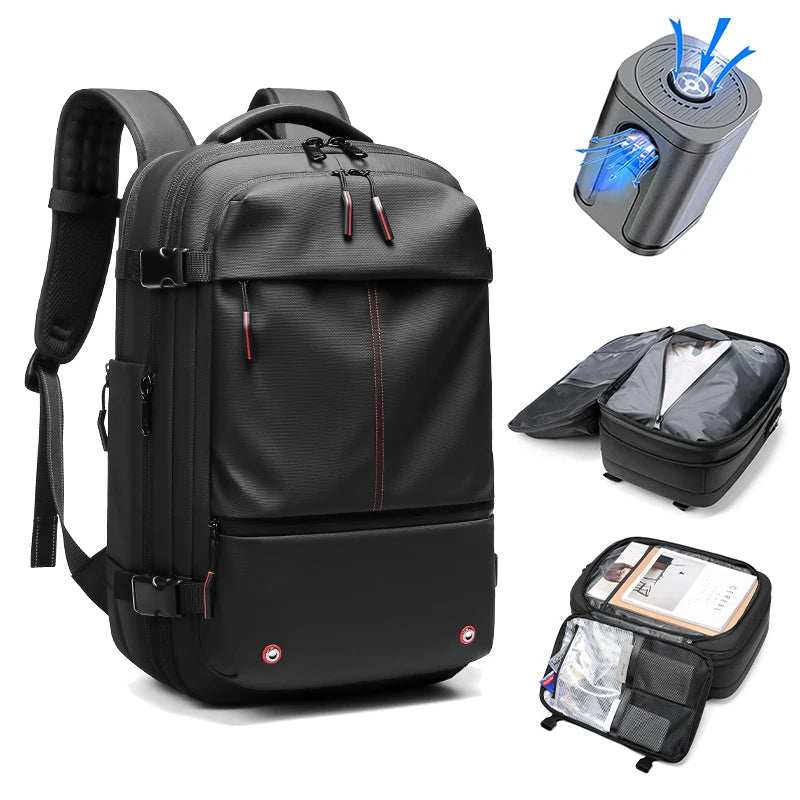 Black waterproof Travel Backpack Vacuum made of Oxford cloth with multiple compartments, side straps, and compression system shown with packing cubes and vacuum pump.