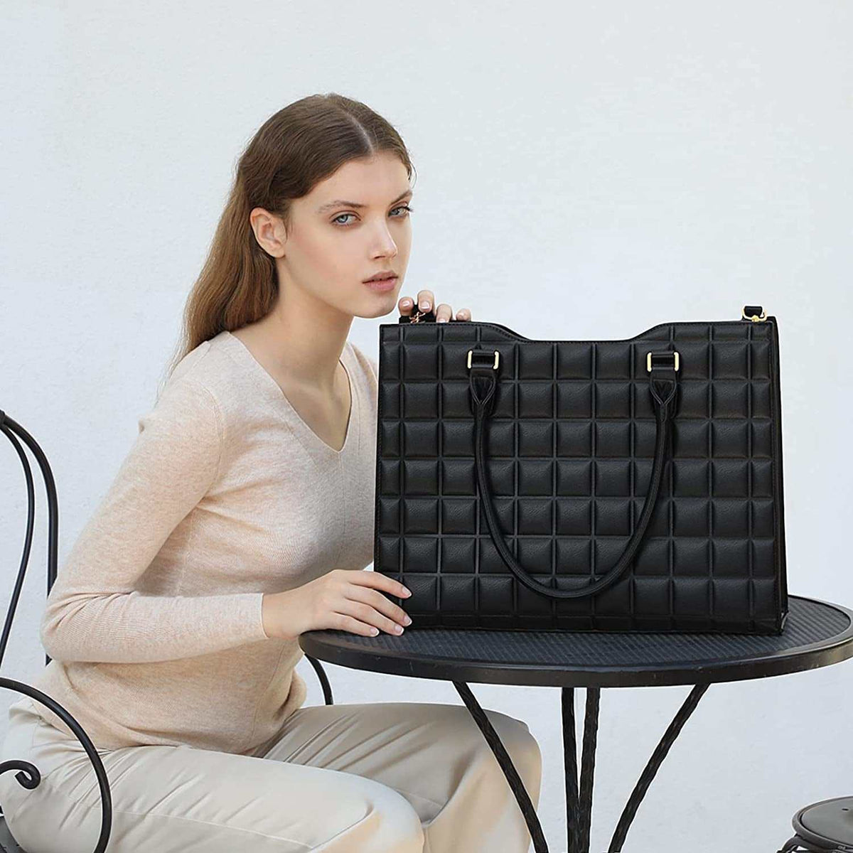 Laptop Tote Bag for Women black waterproof PU leather with a quilted pattern and gold-tone hardware, large structured handbag