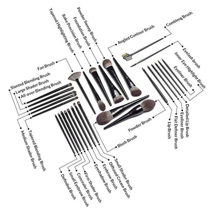 Makeup Brushes Set with 29 black-handled synthetic brushes in various shapes for foundation, blending, contouring, and detail work.