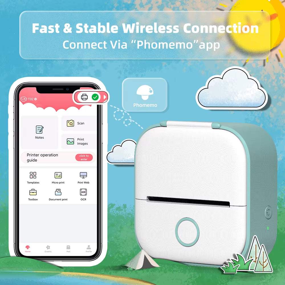 Portable Printer in white and mint green with a round button, shown printing wirelessly from a smartphone app screen.