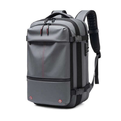 Gray waterproof Oxford cloth Travel Backpack Vacuum with multiple zippered compartments, padded shoulder straps, and side compression straps.