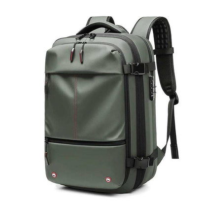 Travel Backpack Vacuum in grey waterproof Oxford cloth with multiple zippered compartments and padded shoulder straps.