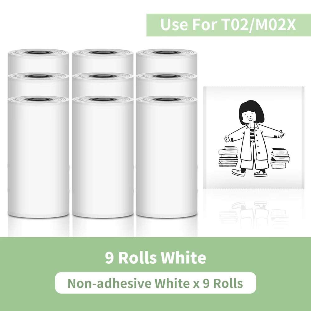 Nine rolls of white non-adhesive thermal paper for Portable Printer, suitable for T02/M02X series, plain and smooth surface.