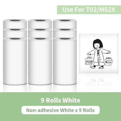 Nine rolls of white non-adhesive thermal paper for Portable Printer, suitable for T02/M02X series, plain and smooth surface.