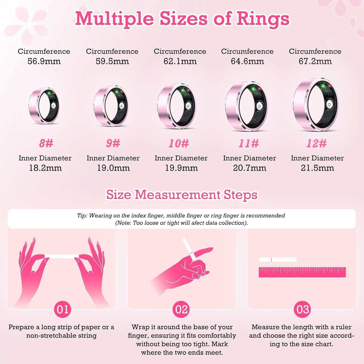 Smart Ring Health Tracker in light pink with black and green accents, displayed in multiple ring sizes with size measurement instructions.