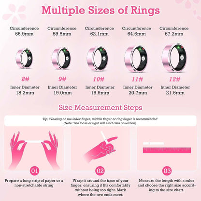 Smart Ring Health Tracker in light pink with black and green accents, displayed in multiple ring sizes with size measurement instructions.