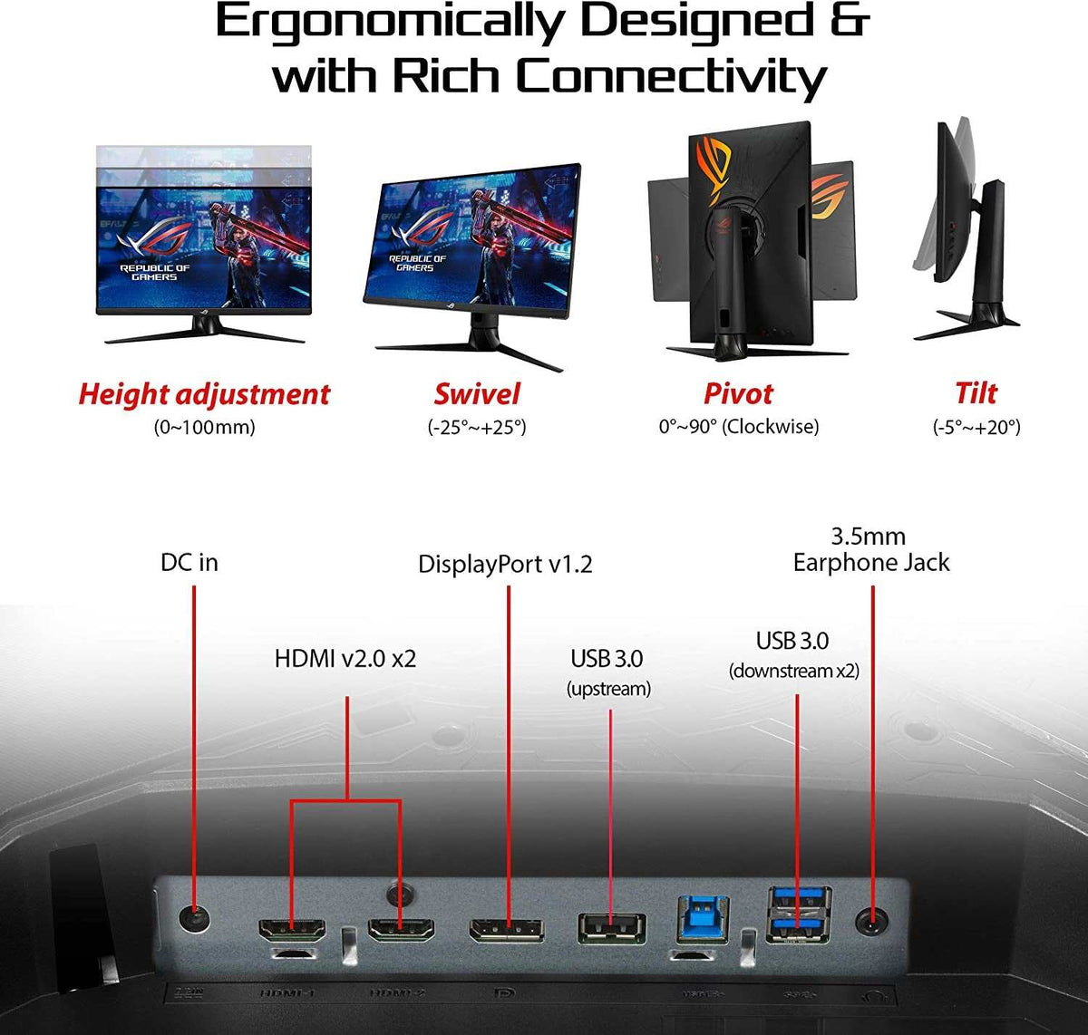 ROG Strix XG27AQ black gaming monitor showing height, swivel, pivot, and tilt adjustments with HDMI, DisplayPort, USB 3.0, and audio jack ports