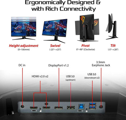 ROG Strix XG27AQ black gaming monitor showing height, swivel, pivot, and tilt adjustments with HDMI, DisplayPort, USB 3.0, and audio jack ports