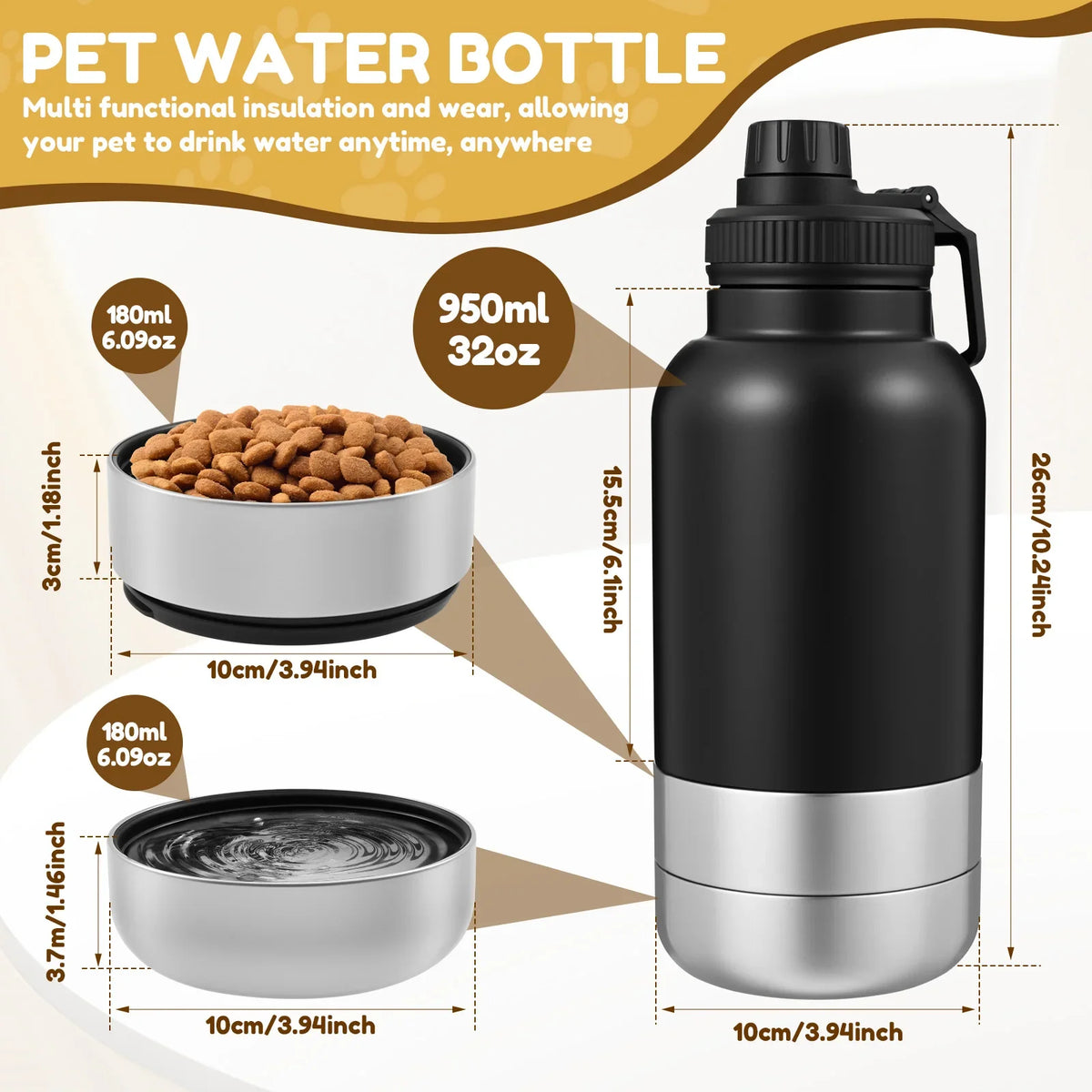 32 oz Dog Water Bottle with 2 Bowls