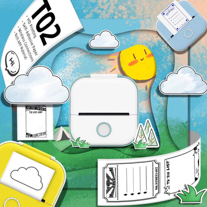 Portable Printer in white with a circular button, printing black text on thermal paper surrounded by colorful paper clouds and sun illustrations