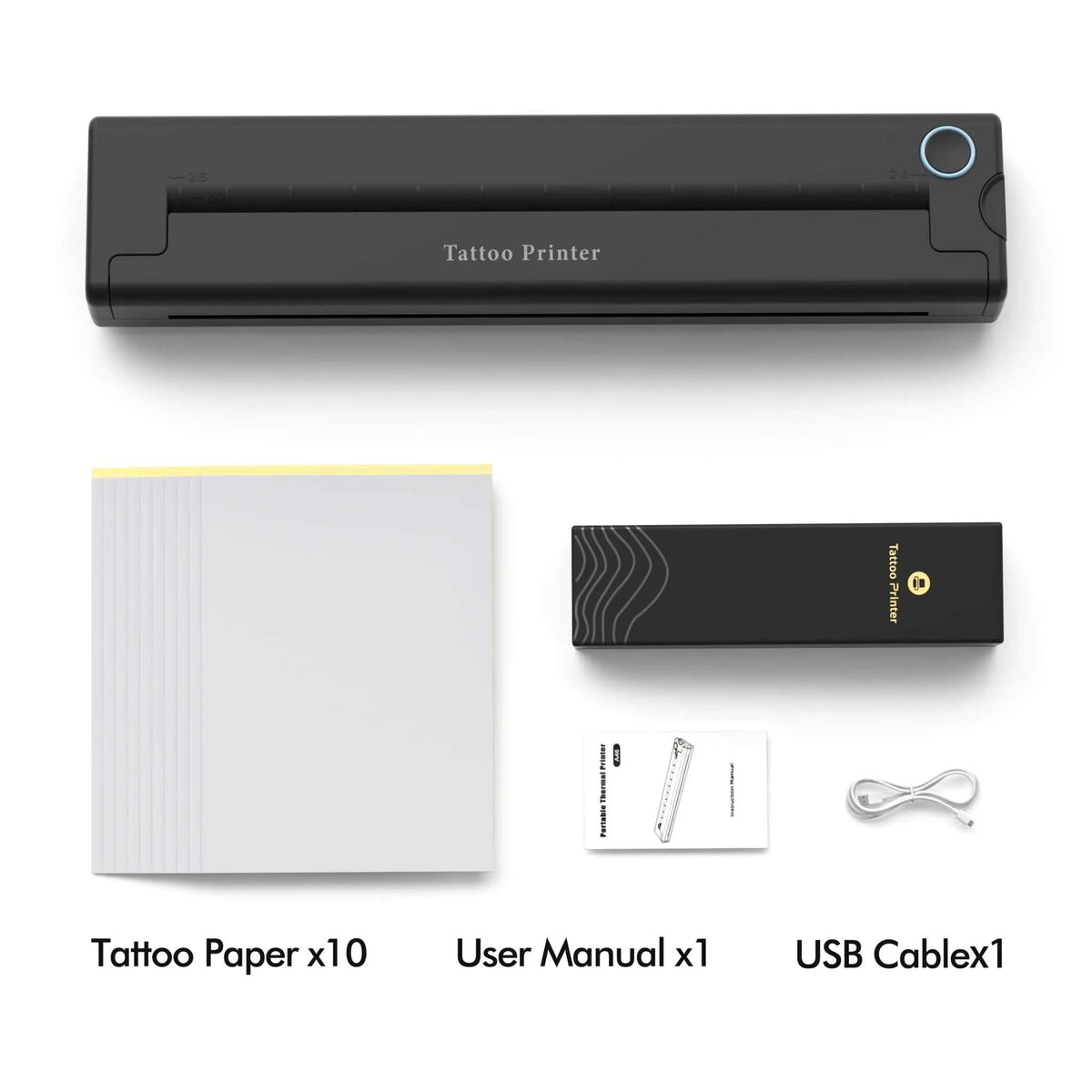 Black compact portable mini tattoo thermal printer with A4 Thermal Printers branding, includes tattoo paper, user manual, and USB cable.
