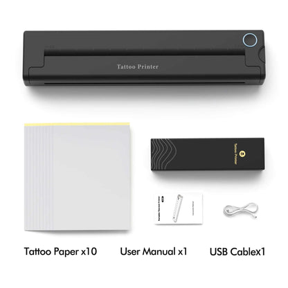 Black compact portable mini tattoo thermal printer with A4 Thermal Printers branding, includes tattoo paper, user manual, and USB cable.