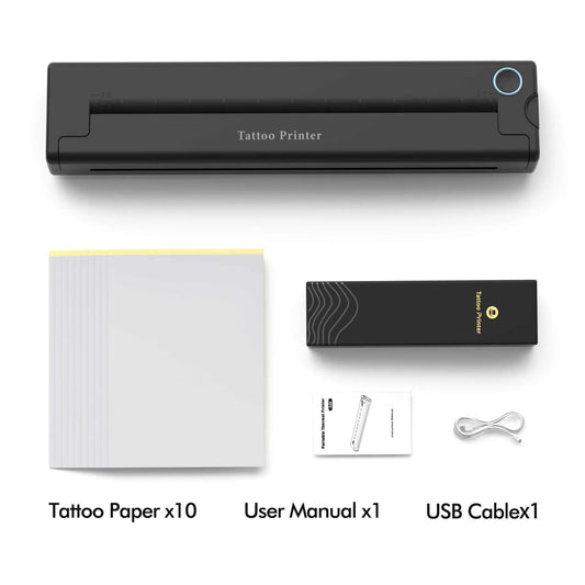 Black compact portable mini tattoo thermal printer with A4 Thermal Printers branding, includes tattoo paper, user manual, and USB cable.