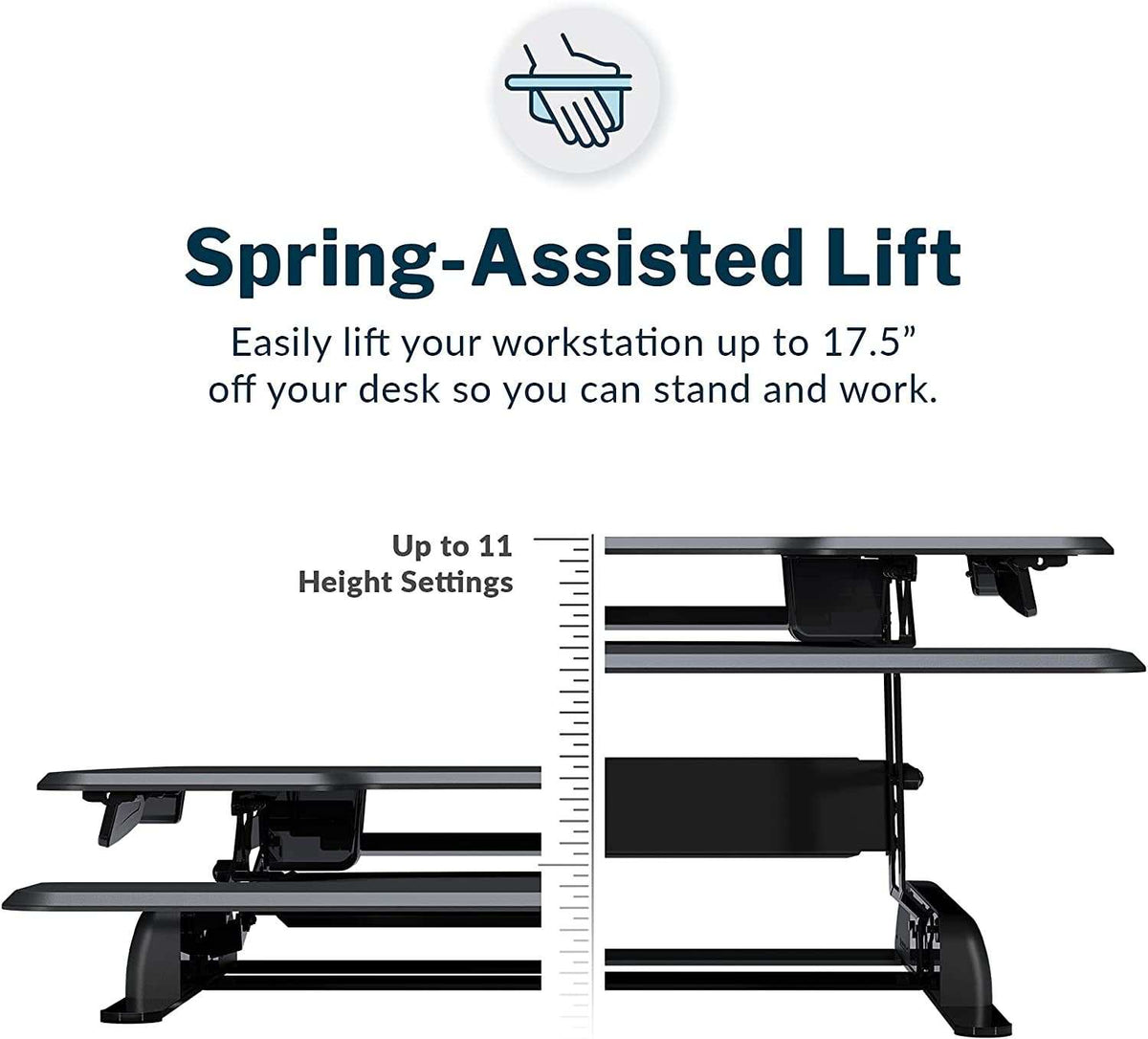 Two-Tier Standing Desk converter in black with spring-assisted lift, dual handles, and adjustable height up to 17.5 inches.