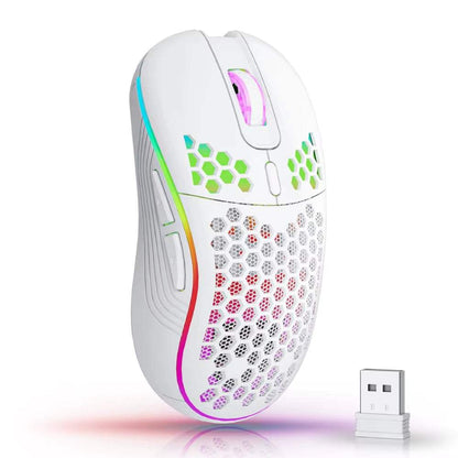 Wireless Gaming Mouse in white with ergonomic honeycomb design, RGB backlit accents, 6 buttons, and Type C rechargeable battery.