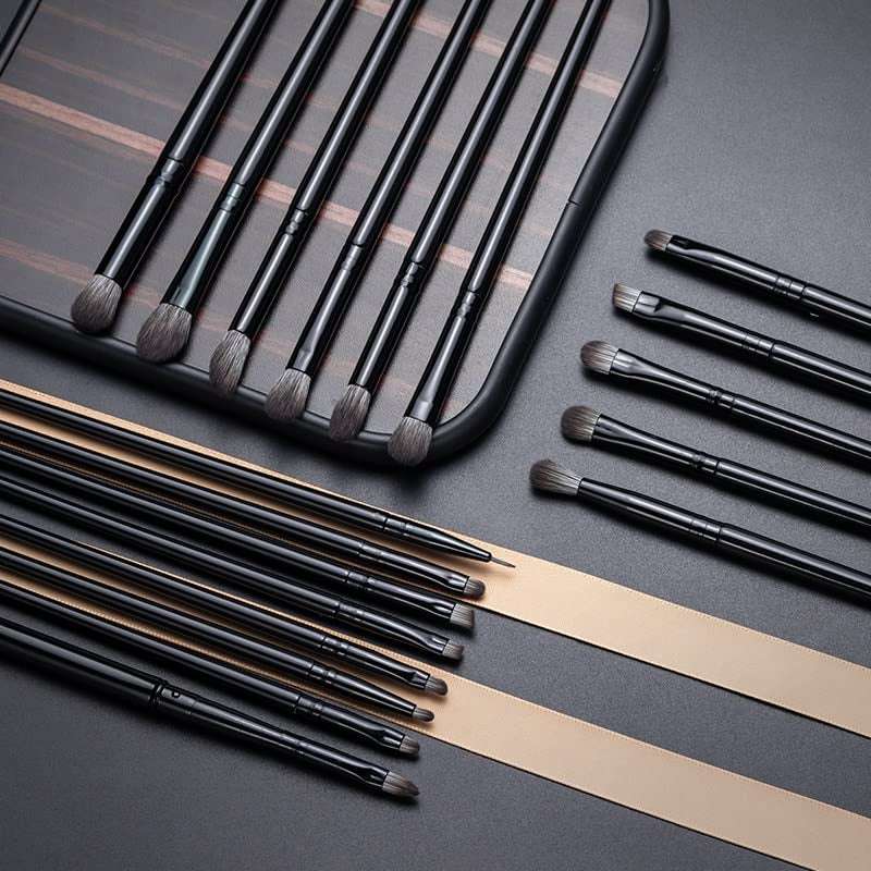Makeup Brushes Set featuring black synthetic hair bristles with sleek black handles in varied small to medium brush heads for detailed application.