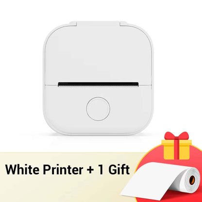 Portable Printer in white with a compact, square design, featuring a front paper slot and a circular button below it.