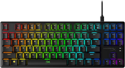 Tenkeyless mechanical gaming keyboard Alloy Origins Core with black aluminum body, RGB LED backlit keys, and compact design.