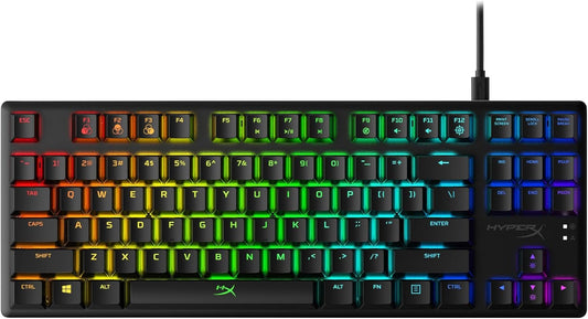 Tenkeyless mechanical gaming keyboard Alloy Origins Core with black aluminum body, RGB LED backlit keys, and compact design.