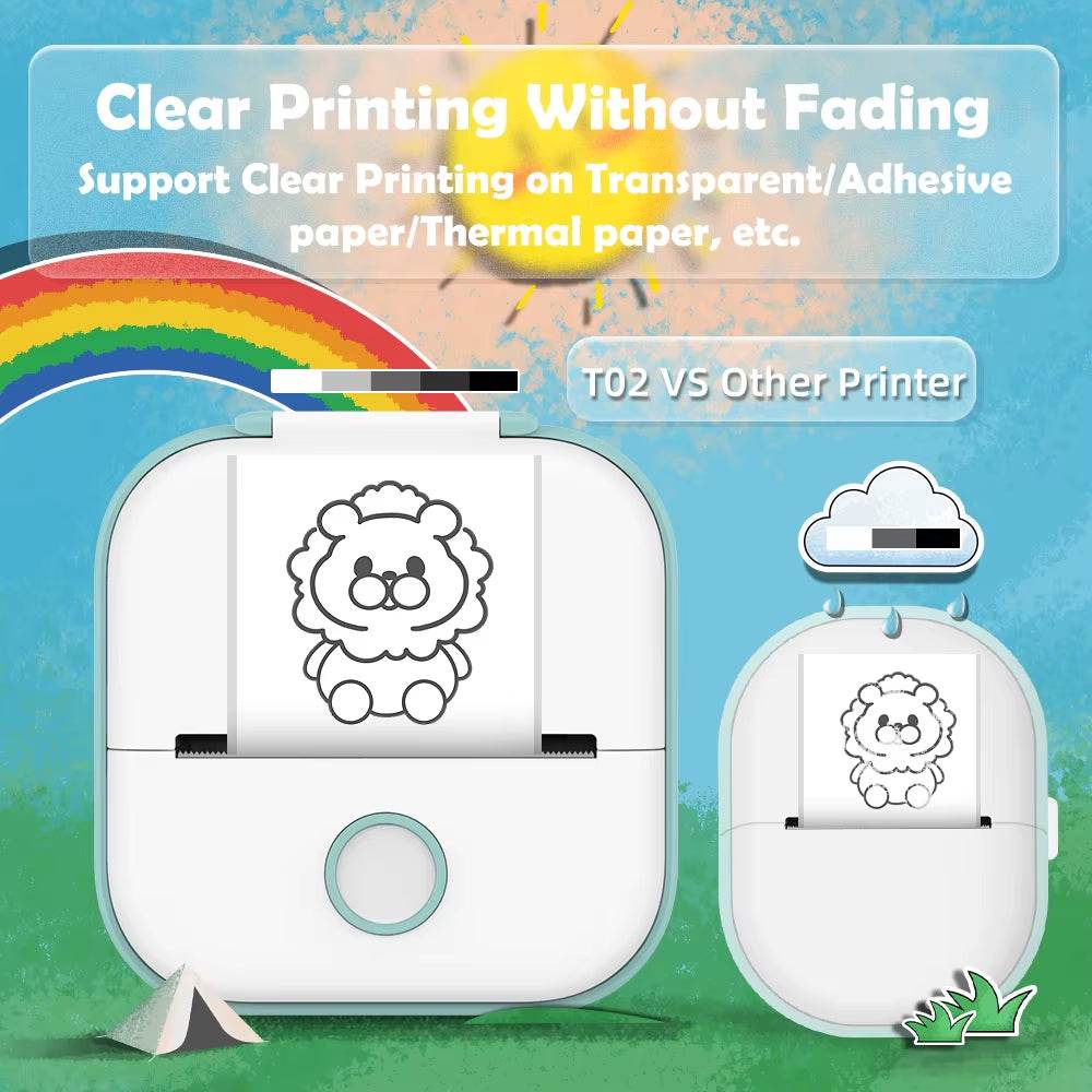 Portable Printer in white with a round button printing a clear black lion cartoon on thermal paper against a colorful background.