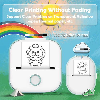Portable Printer in white with a round button printing a clear black lion cartoon on thermal paper against a colorful background.
