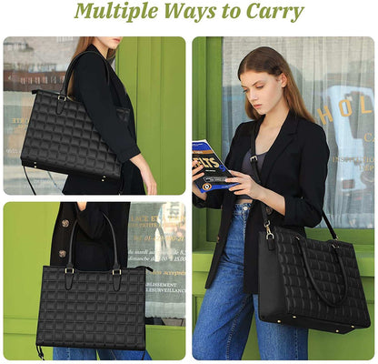 Laptop Tote Bag for Women in black waterproof PU leather with quilted pattern, dual handles and detachable shoulder strap.