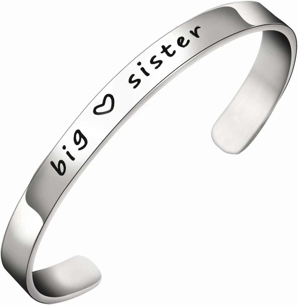 Big Sis Middle Sis Little Sis silver cuff bangle bracelet gift for women