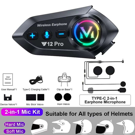 Bluetooth 5.3 Motorcycle Helmet Intercom in black plastic with volume control buttons, multicolor illuminated logo, and 2-in-1 earphone microphone kit.