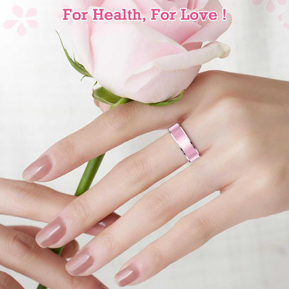 Smart Ring Health Tracker in light pink metal band worn on finger, sleek waterproof fitness ring for activity monitoring and health tracking