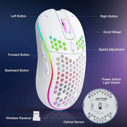 Wireless Gaming Mouse in white with honeycomb design, RGB backlit edges, six buttons, scroll wheel, and ergonomic shape.