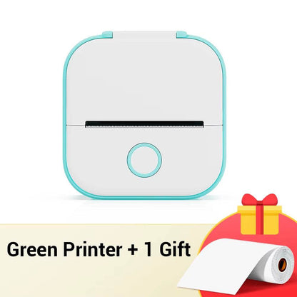 Portable Printer in white with mint green edges, compact square design with a central circular button for operation.