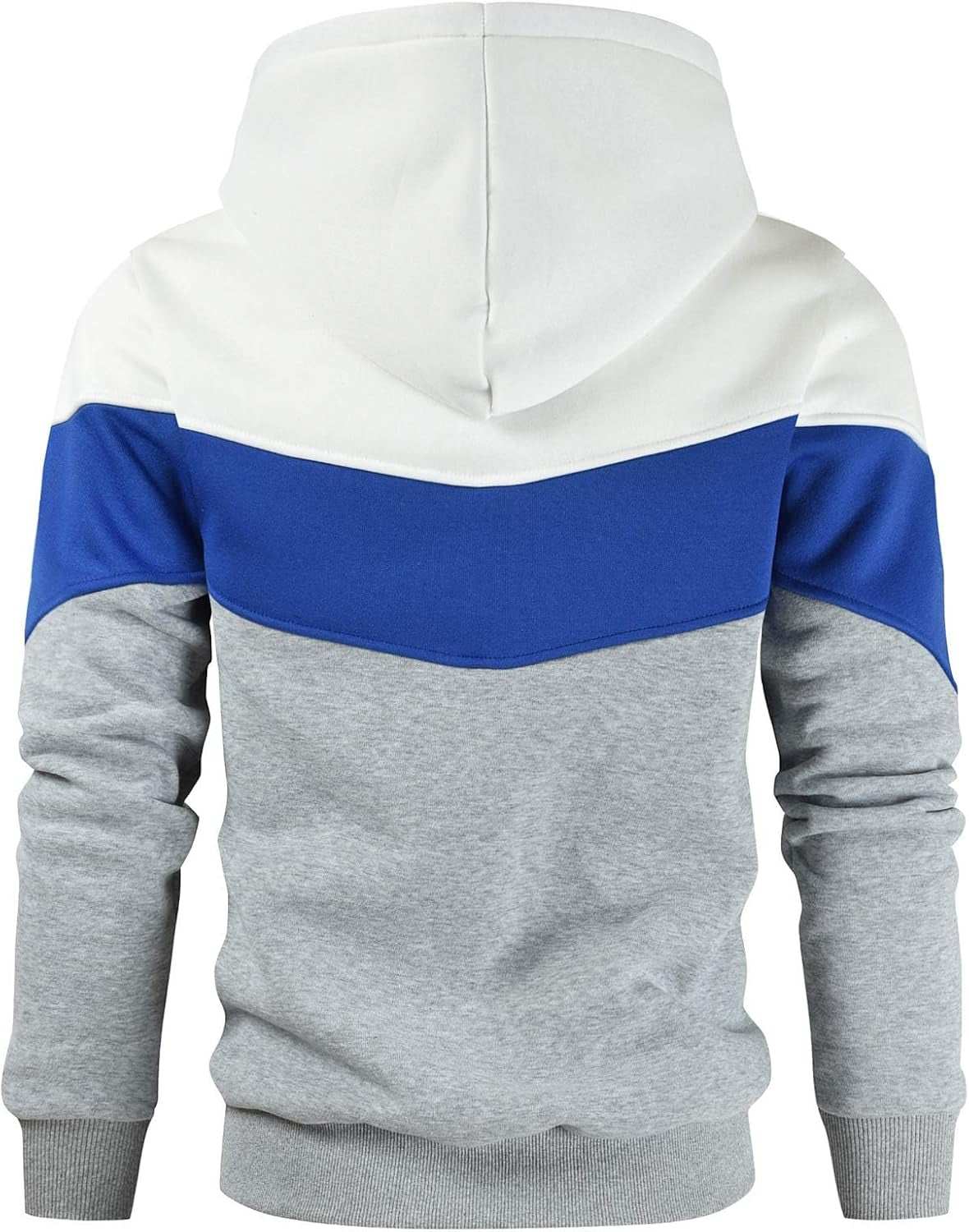 Men's Color Block Pullover fleece hoodie in white, royal blue, and grey with ribbed cuffs and hood