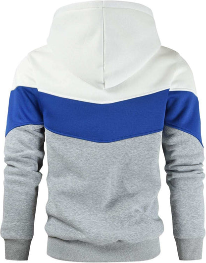 Men's Color Block Pullover fleece hoodie in white, royal blue, and grey with ribbed cuffs and hood
