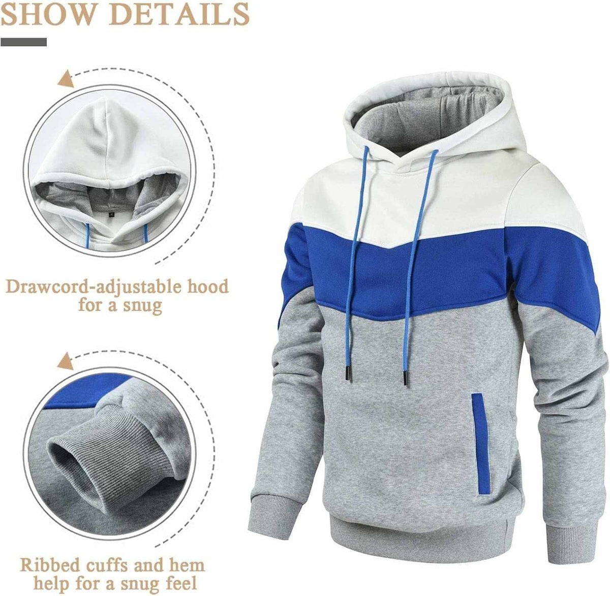 Men's Color Block Pullover fleece hoodie with white, royal blue, and grey cotton blend featuring a drawcord hood, ribbed cuffs, and front pocket
