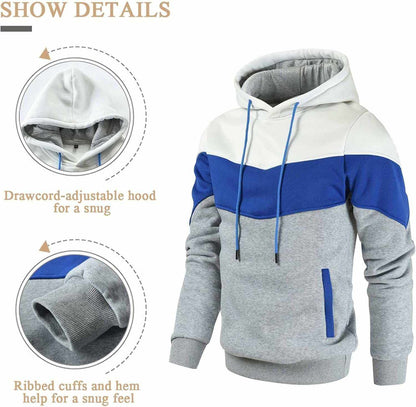 Men's Color Block Pullover fleece hoodie with white, royal blue, and grey cotton blend featuring a drawcord hood, ribbed cuffs, and front pocket