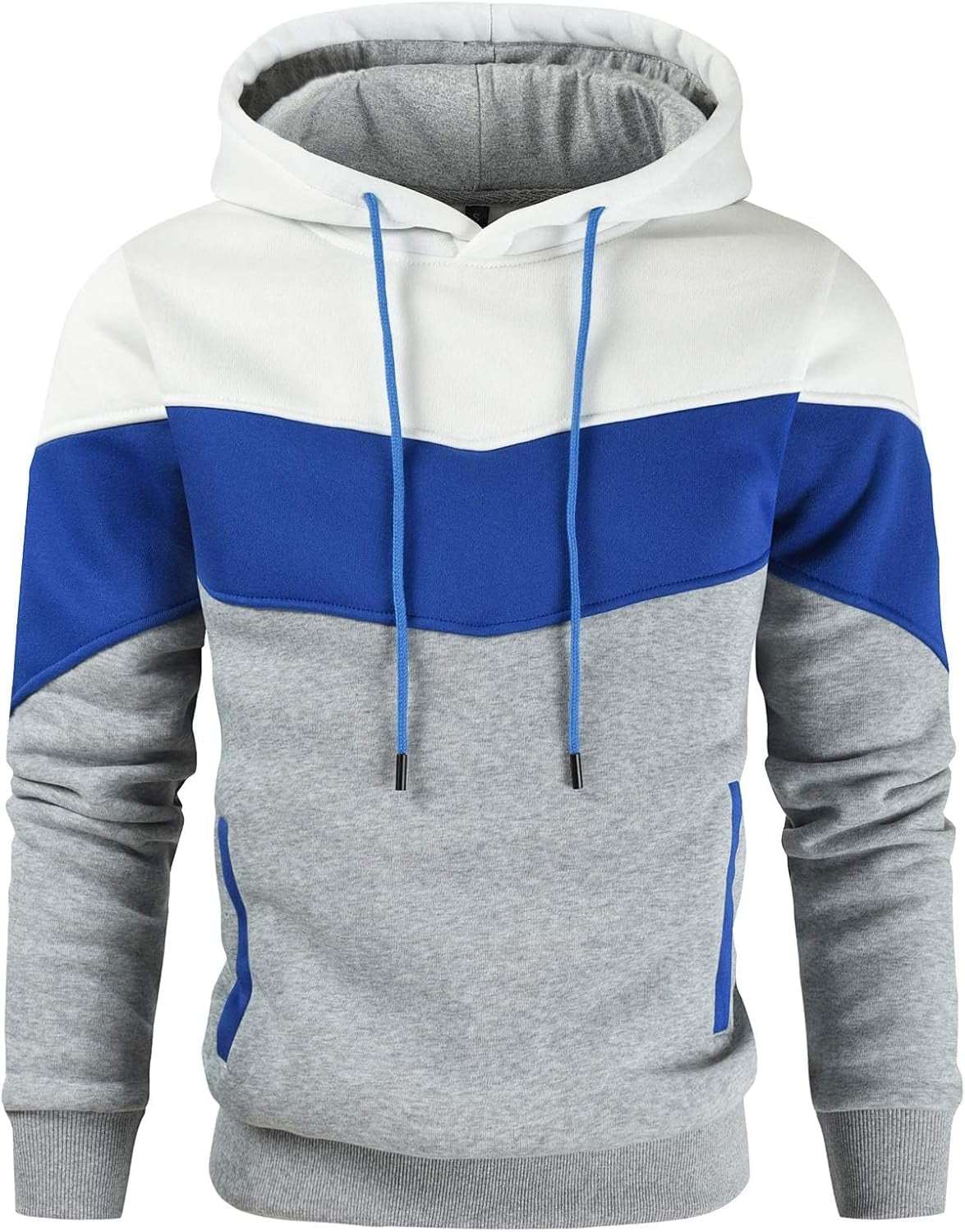 Men's Color Block Pullover hoodie in white, blue, and grey with front pocket and ribbed cuffs