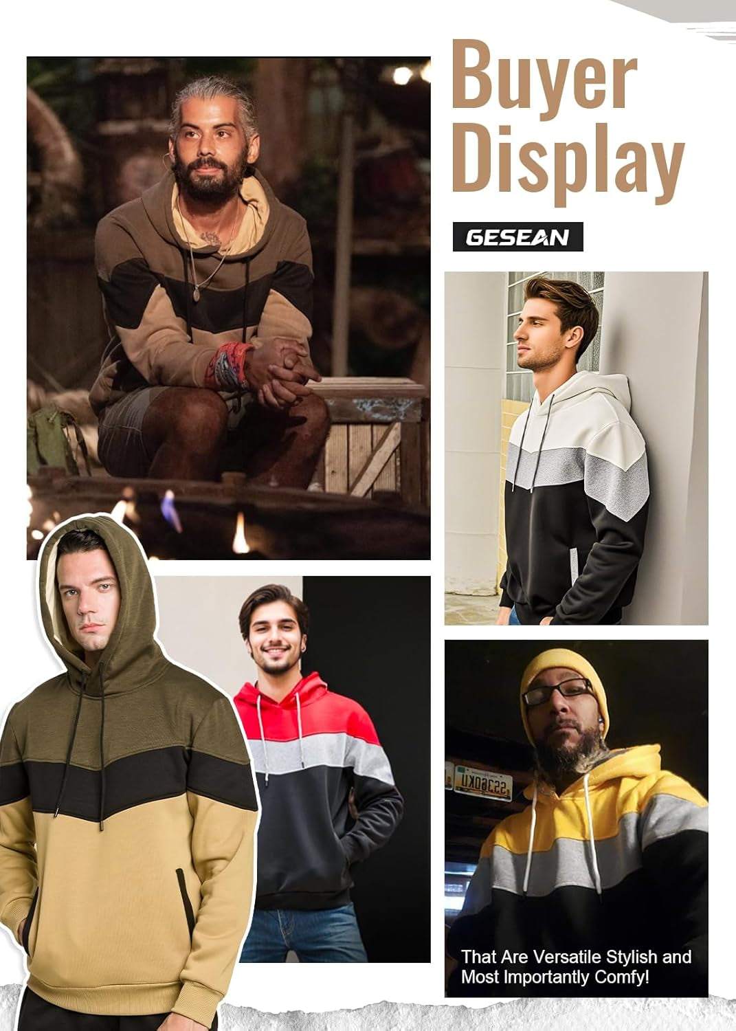 Color Block Pullover hoodies in various color combinations including mustard, black, red, white, grey, olive, and yellow with front pockets and ribbed cuffs