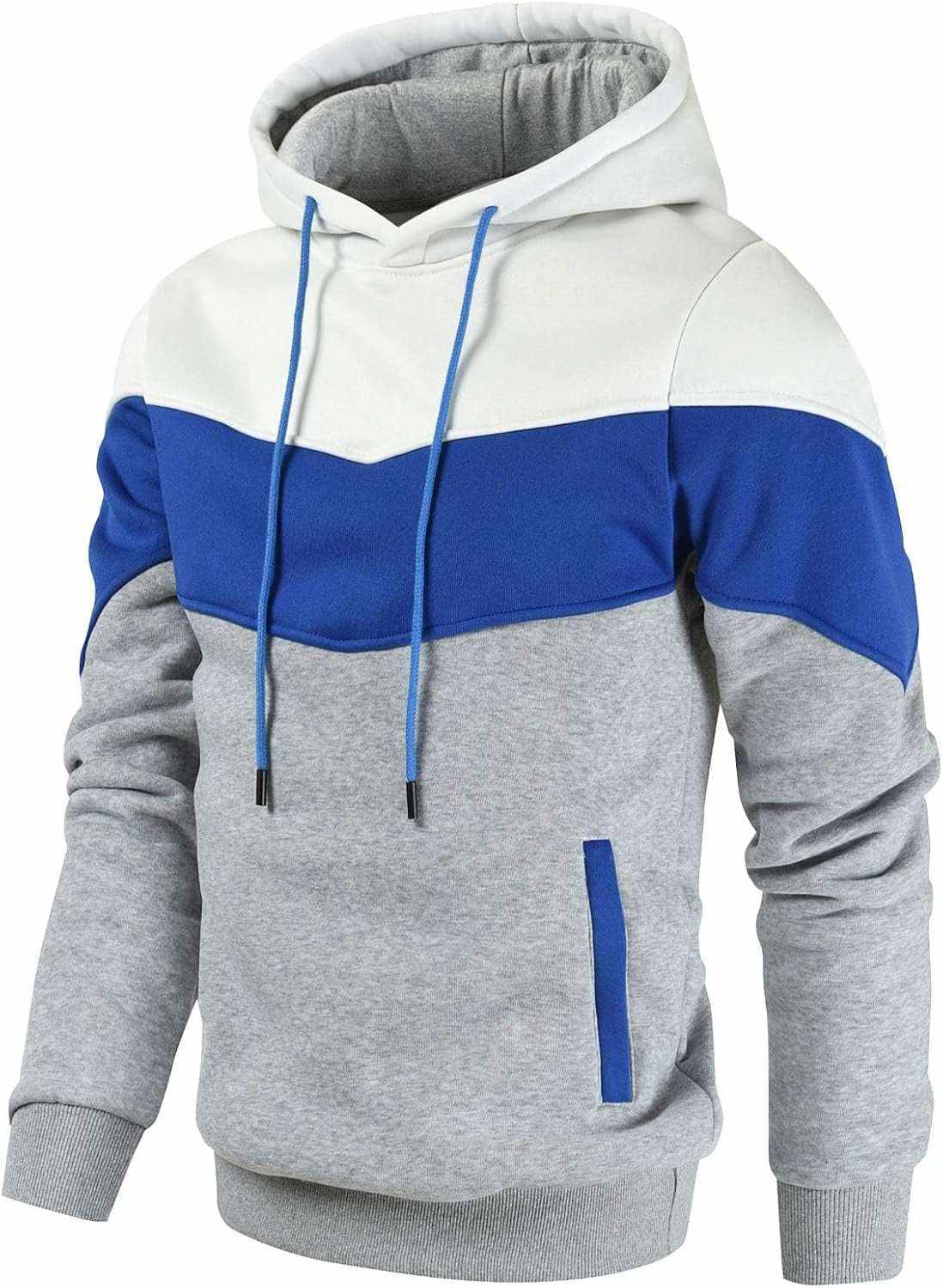Men's Color Block Pullover hoodie in white, blue, and grey with ribbed cuffs, front pocket, and drawstring hood