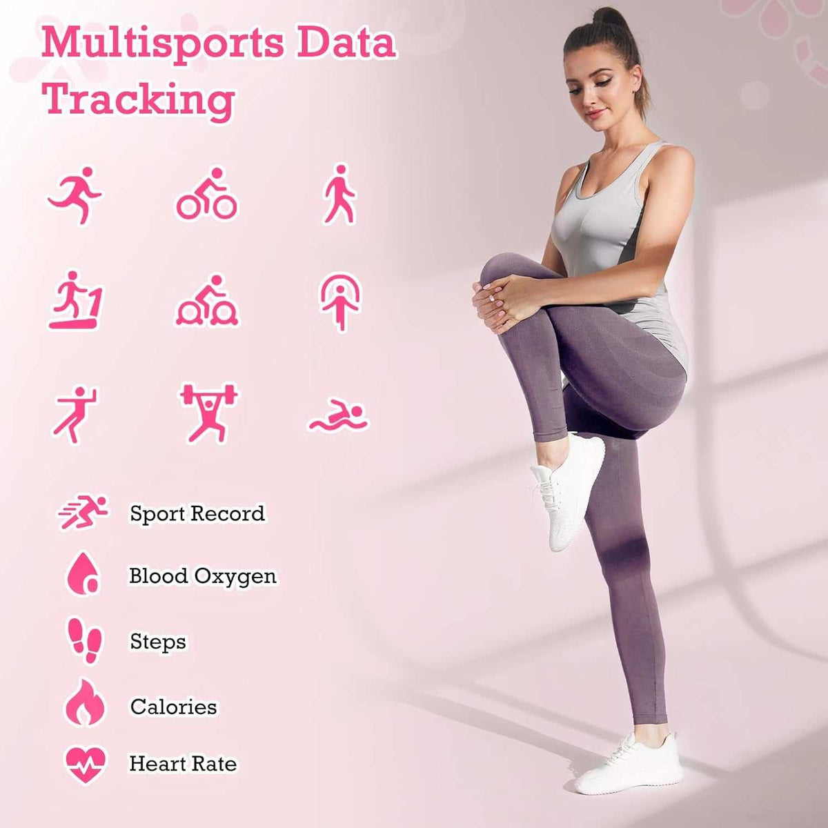 Smart Ring Health Tracker shown with multisports data tracking icons in pink, worn by woman in grey sportswear doing a stretch pose.
